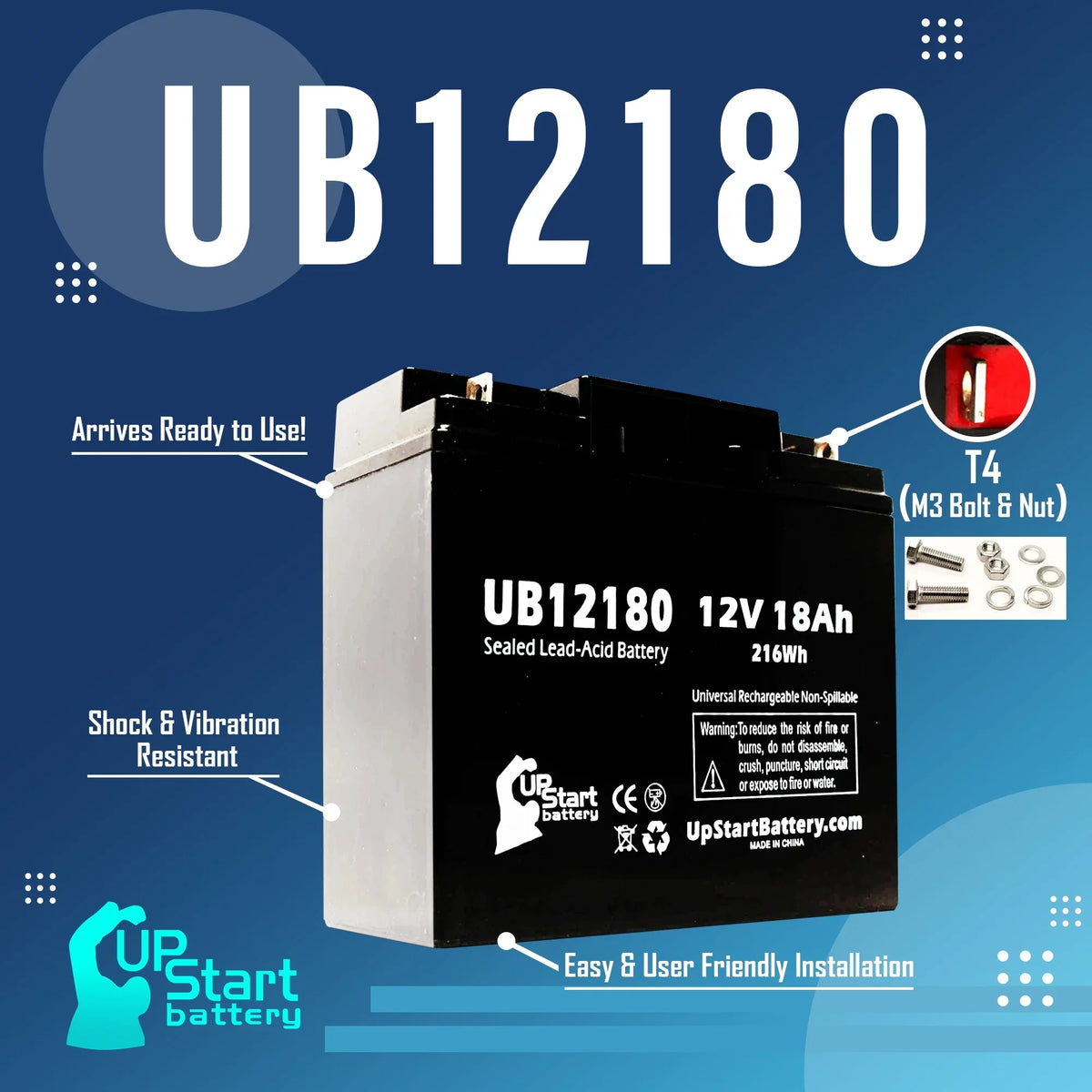 Compatible EAGLE PICHER BATTERIES CFP12V18UPS Battery - Replacement UB12180 Universal Sealed Lead Acid Battery (12V; 18Ah; 18000mAh; T4 Terminal; AGM; SLA)