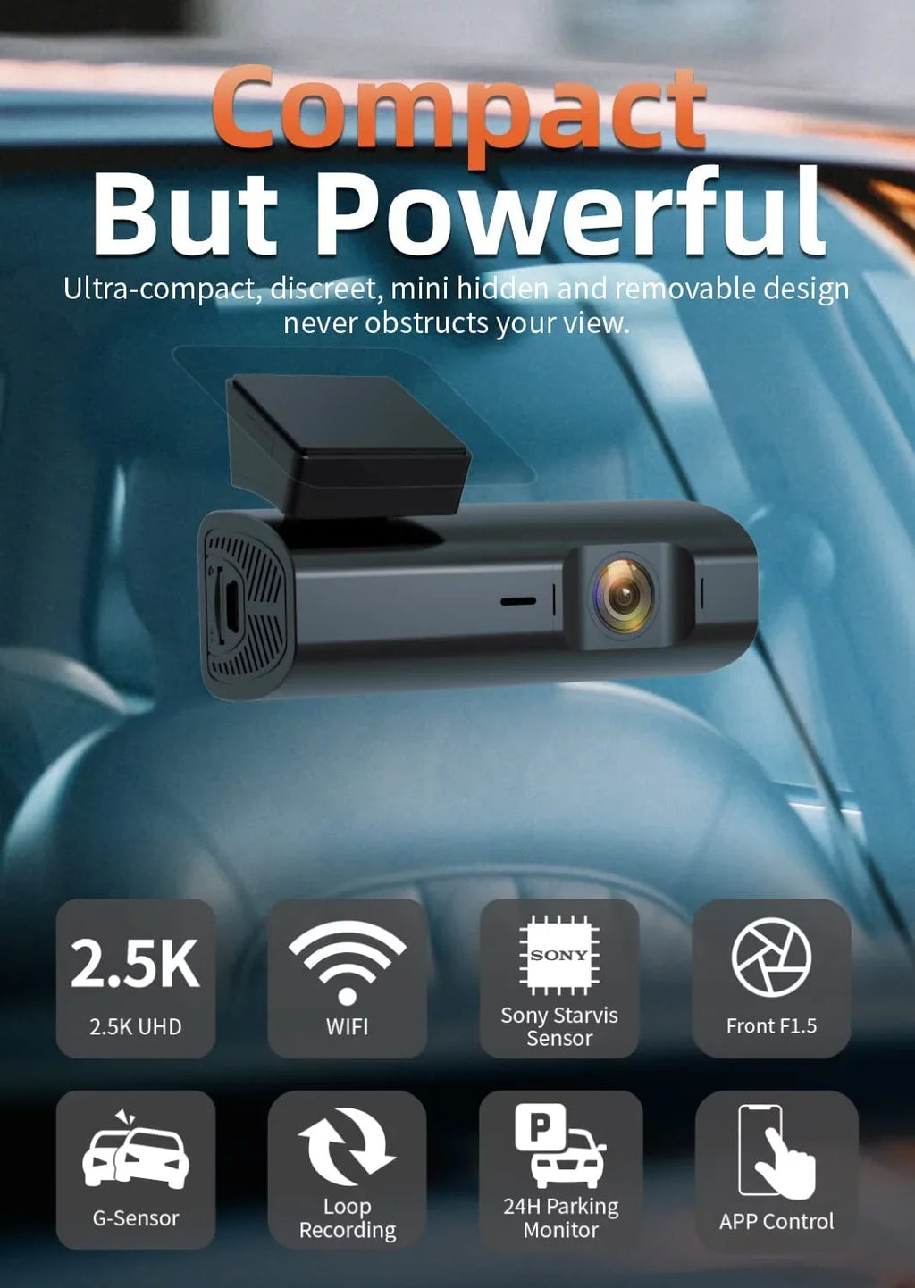 WOLFBOX 2.5K Full HD Dash Cam; Dash Camera with WiFi; Loop Recording; APP Control; Night Vision; G-Sensor; 24 Hours Parking Monitor; Support 64GB Max