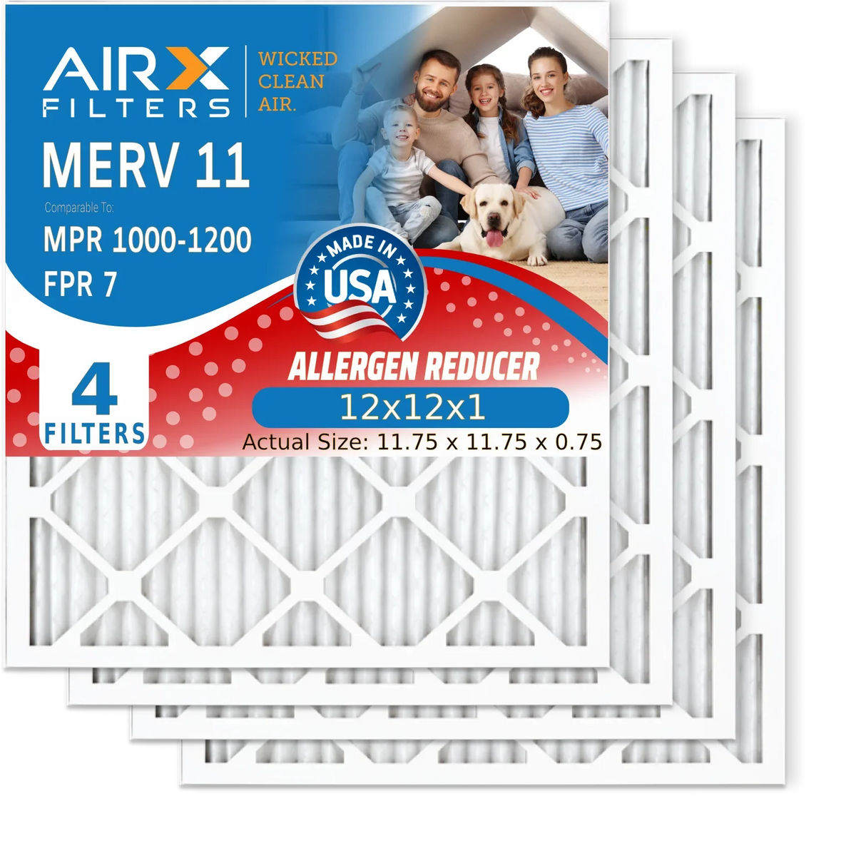 12x12x1 Air Filter MERV 11 Comparable to MPR 1000; MPR 1200 & FPR 7 Electrostatic Pleated Air Conditioner Filter 4 Pack HVAC Premium USA Made 12x12x1 Furnace Filters by AIRX FILTERS WICKED CLEAN AIR.