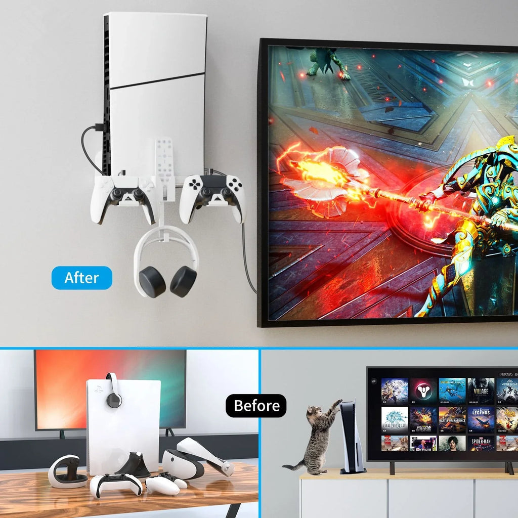 Durable Iron Wall Mount Bracket Set for PS5 Slim Space-Saving; Secure; and Convenient Storage with Dual Charging Cable