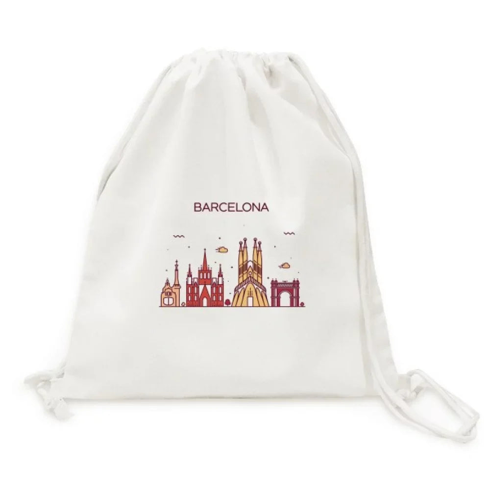 Barcelona Spain Flat Landmark Pattern Backpack Canvas Drawstring Reusable Mesh Shopping Bag