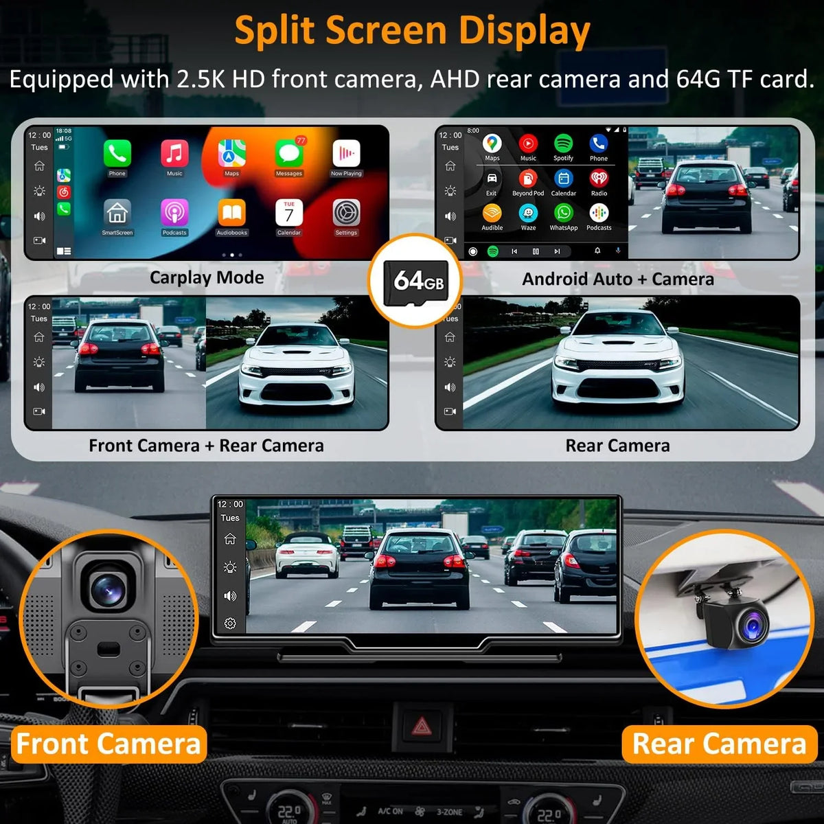 CAIHONG Portable Wireless Carplay Car Stereo with 2.5K Dash Cam - 9" HD IPS Screen; Android Auto; 1080p Backup Camera; Loop Recording; Bluetooth; GPS Navigation Head Unit; Car Radio Receiver