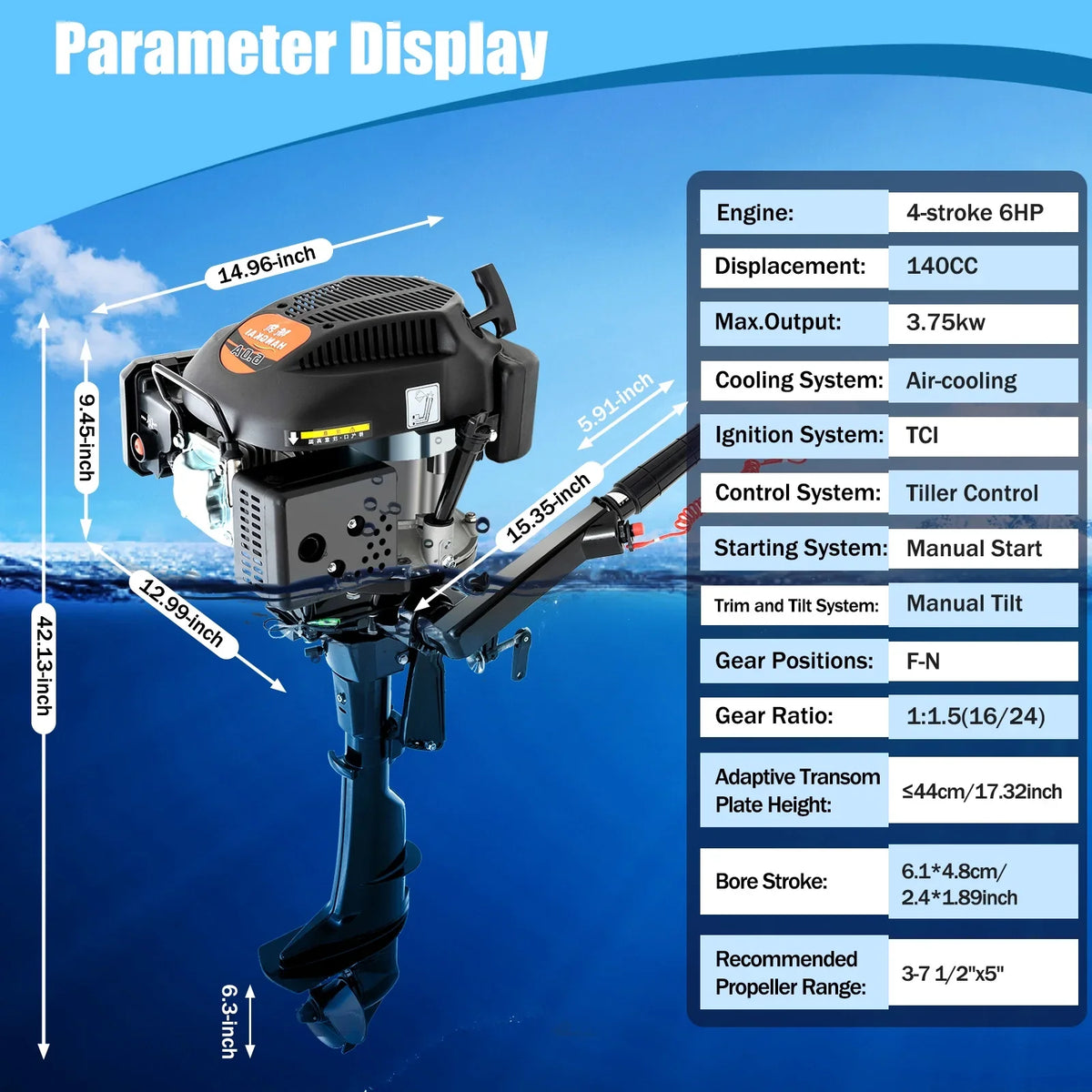 Fichiouy 6 HP 4 Stroke Outboard Motor Engine Tiller Shaft Boat Engine Air Cooling 2500rpm with CDI Air Cooling System 1:1.5