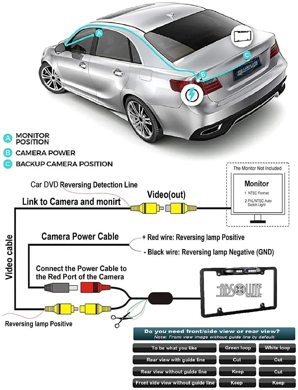 Absolute CAM2100S Chrome License Plate License Plate Backup HD Camera; Rear View Camera 170° Viewing Angle Universal Night Vision Fluidproof High Sensitive 8 Bright LED Reversing Car Camera