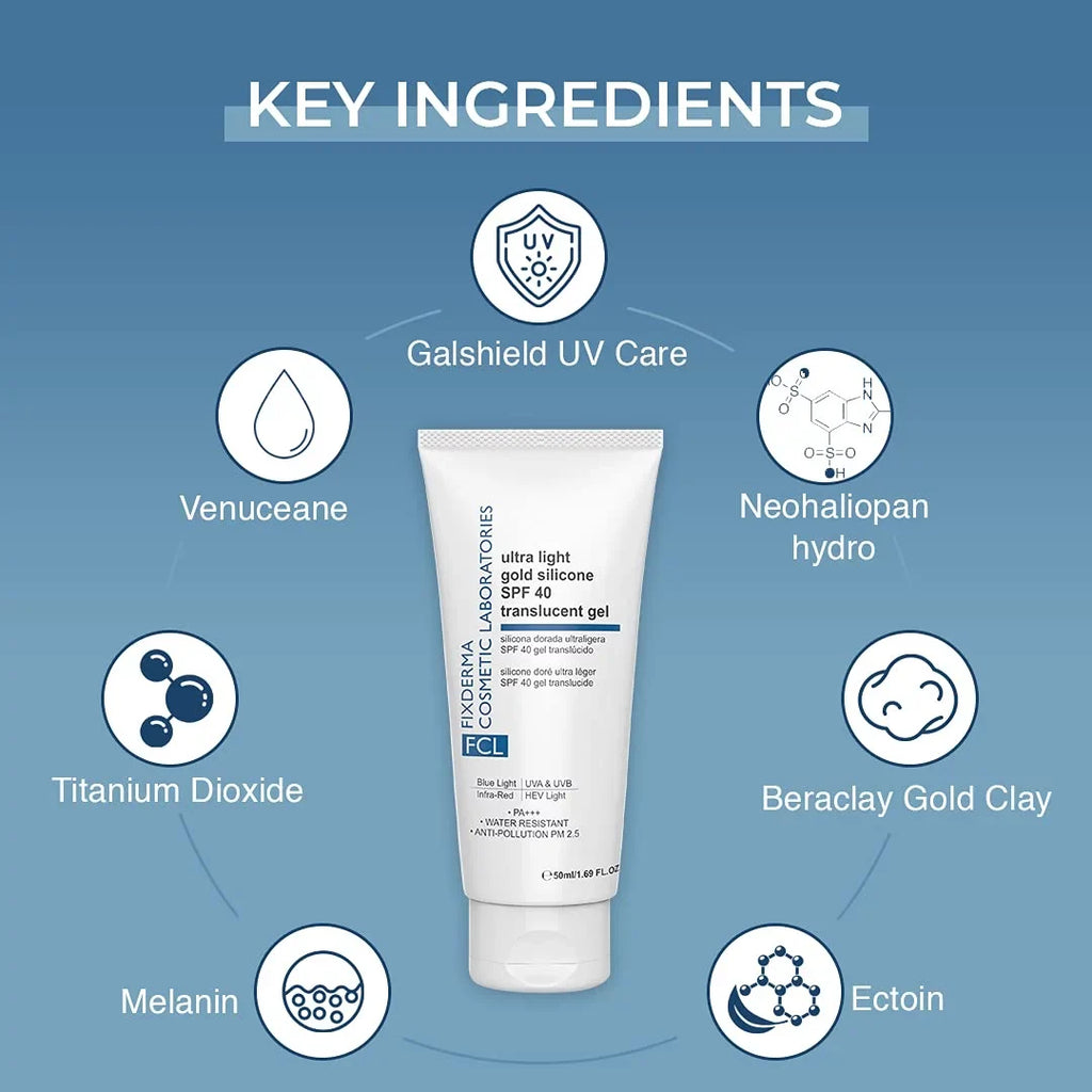 FIXDERMA COSMETIC LABORATORIES Ultra Light Gold Silicone SPF 40 Translucent Gel | Moisturizer for Acne Prone Skin | Sunscreen for Body & Face | Sun Screen Prote