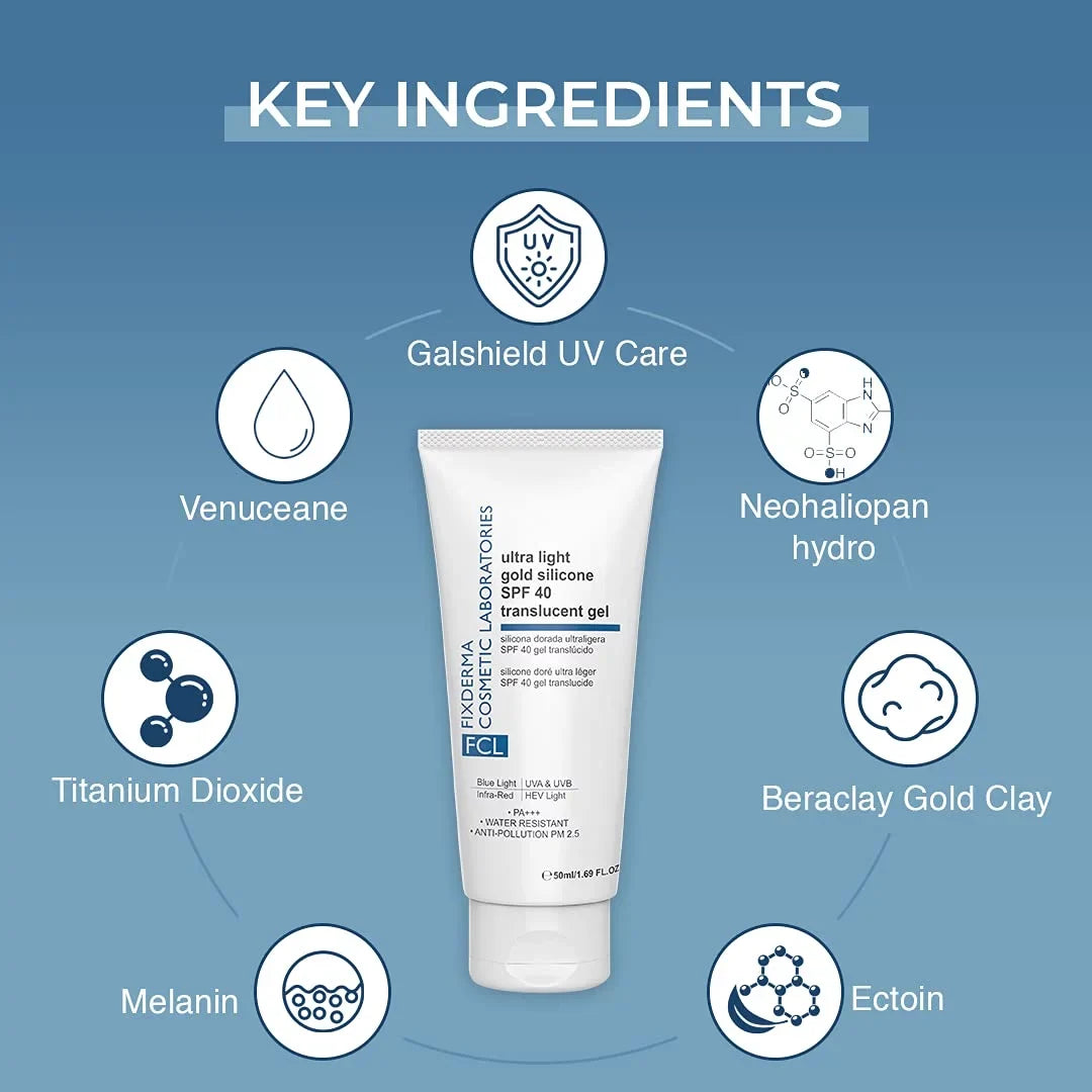 FIXDERMA COSMETIC LABORATORIES Ultra Light Gold Silicone SPF 40 Translucent Gel | Moisturizer for Acne Prone Skin | Sunscreen for Body & Face | Sun Screen Prote