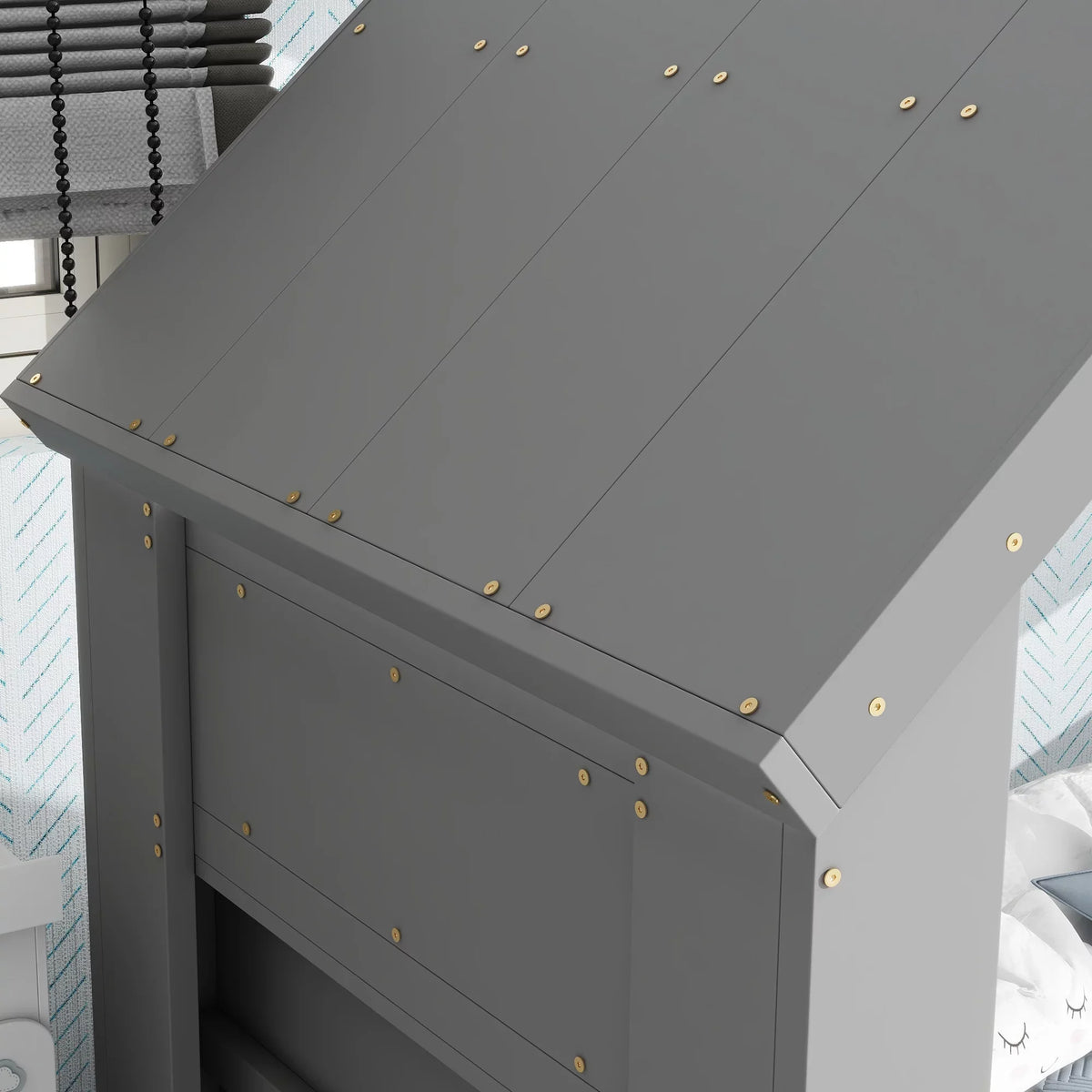 Twin House Floor Bed with Roof Window; LED Light;Gray