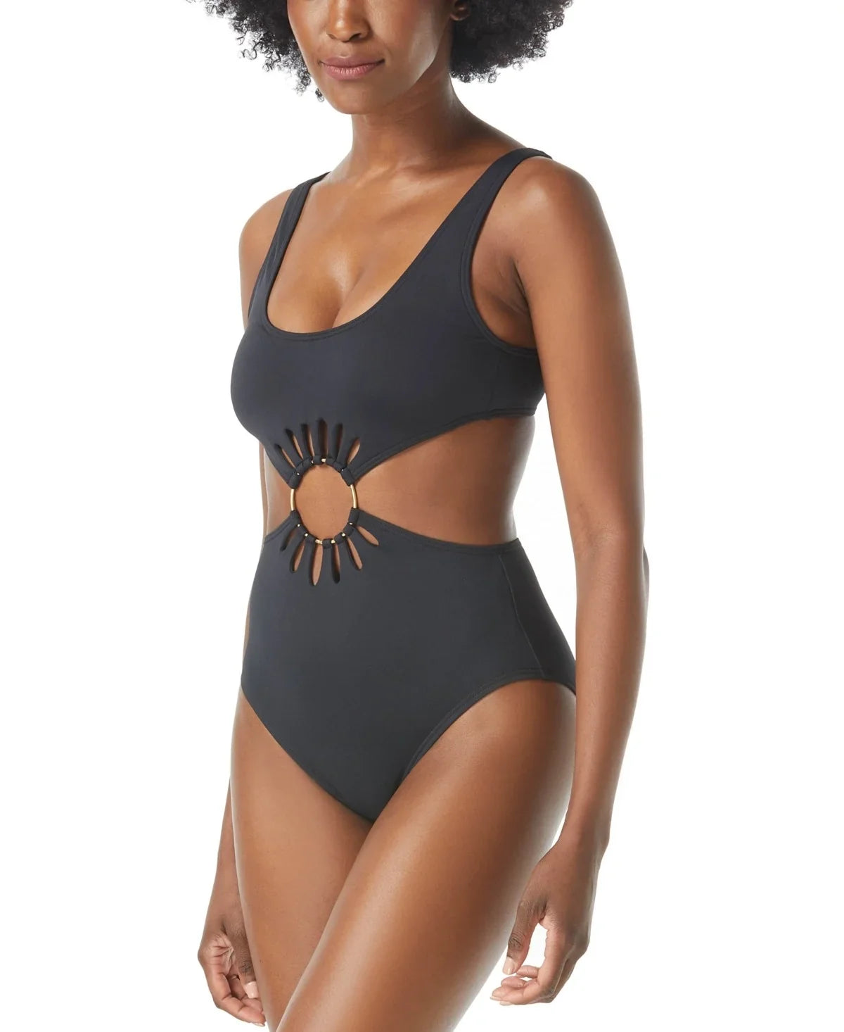 Vince Camuto BLACK Logo Ring Cutout One-Piece Swimsuit; US 10