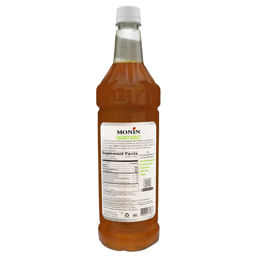 Monin - Energy Boost; Liquid Energy Supplement; Subtle Tea Flavor; Zero Added Sugar; Great For Coffee; Soda; & More; Low-Calorie; Contains Natural Caffeine; Gluten-Free; Clean Label (1 Liter + Pump)
