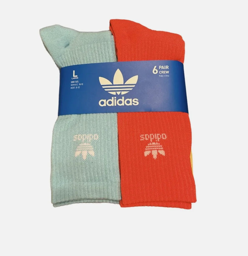 Adidas Originals Youth Trefoil Crew Socks; Multi-colored; 6 Pack; Large