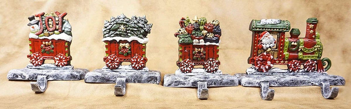 LuLu Decor; 100% Cast Iron Christmas Stocking Holders; 2D Train Engine with 5 Rail carts; 7 Stocking Hooks; Beautiful & Strong Sturdy Heavy Hooks; Each Weighs Approx 3 lb (Combo Train 2D)