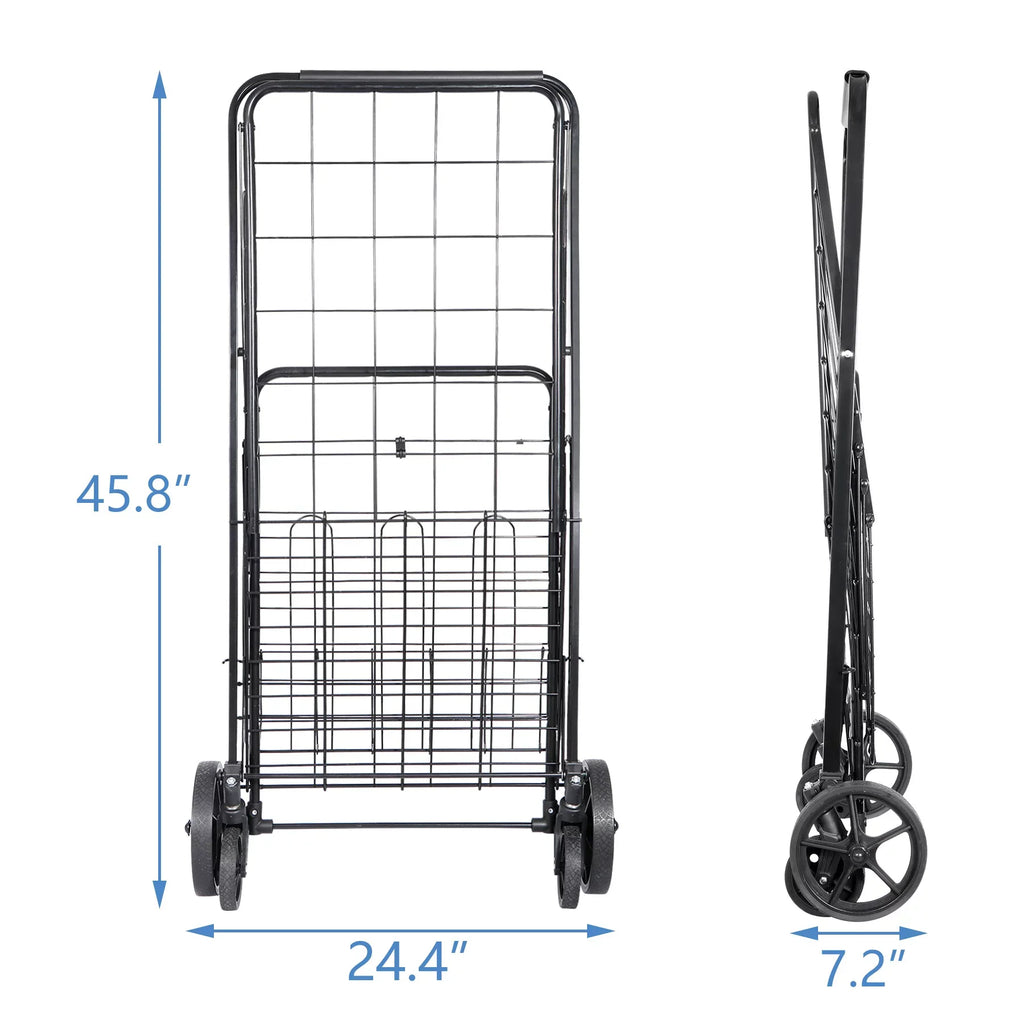 ZENY Folding Utility Shopping Cart with Double Basket and Wheels for Grocery Laundry Book Luggage Travel; Black