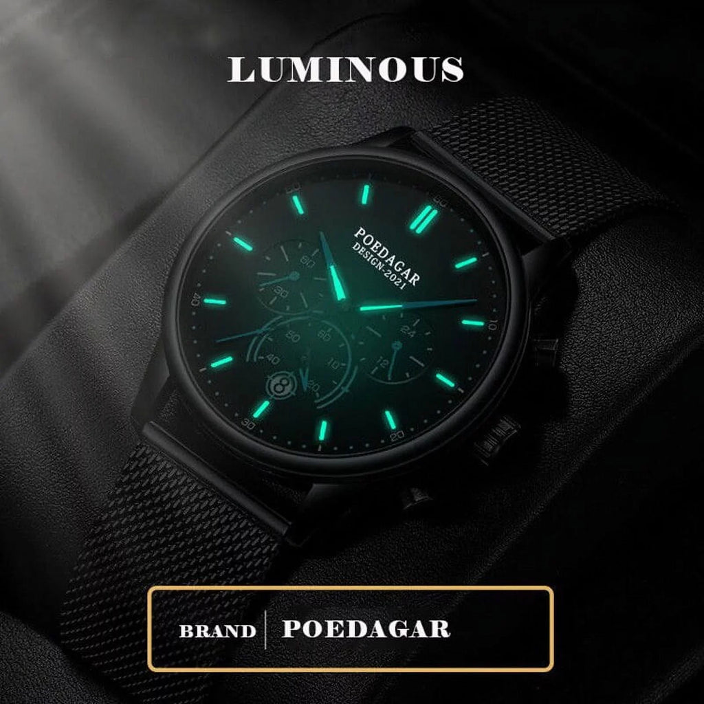 POEDAGAR New Mens Watches Top Brand Luminous Fluidproof Timing Calendar Casual Fashion Stainless Steel Mesh Quartz Wristwath
