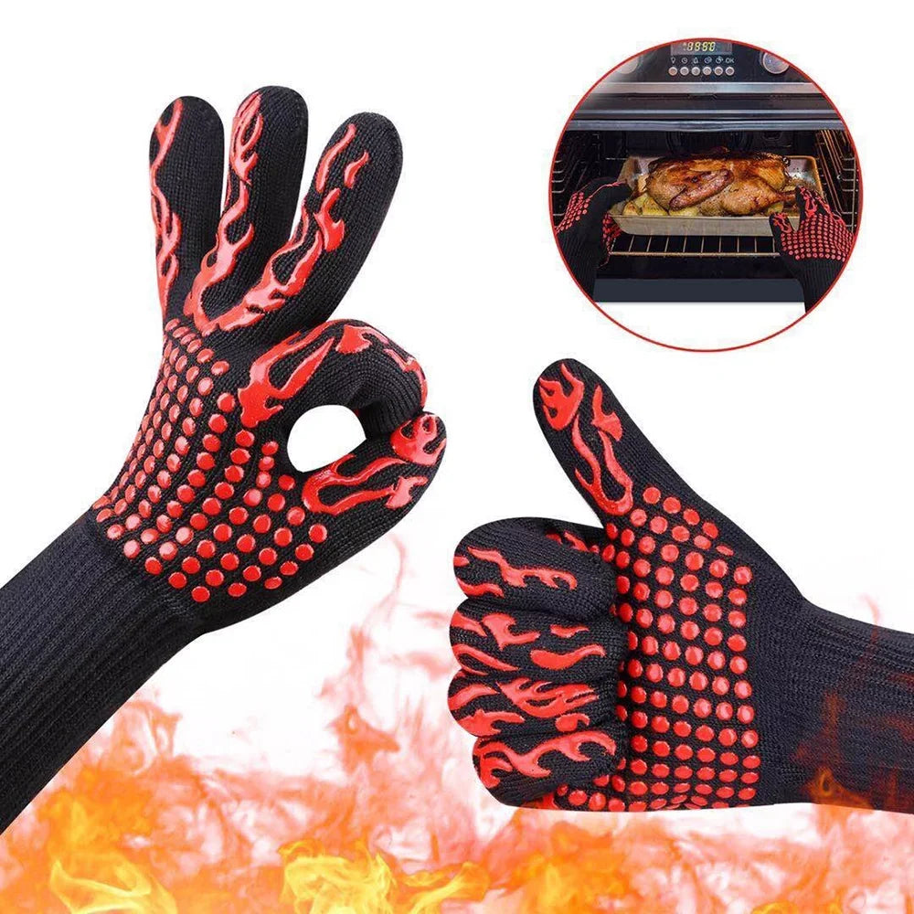 CACAGOO Barbecue Gloves with Silicone -slip Stripe Heat Proof Oven Gloves 500~800℃ Heat Resistant Grill Gloves for Outdoor Barbecue Garden Grilling Kitchen Cooking Welding