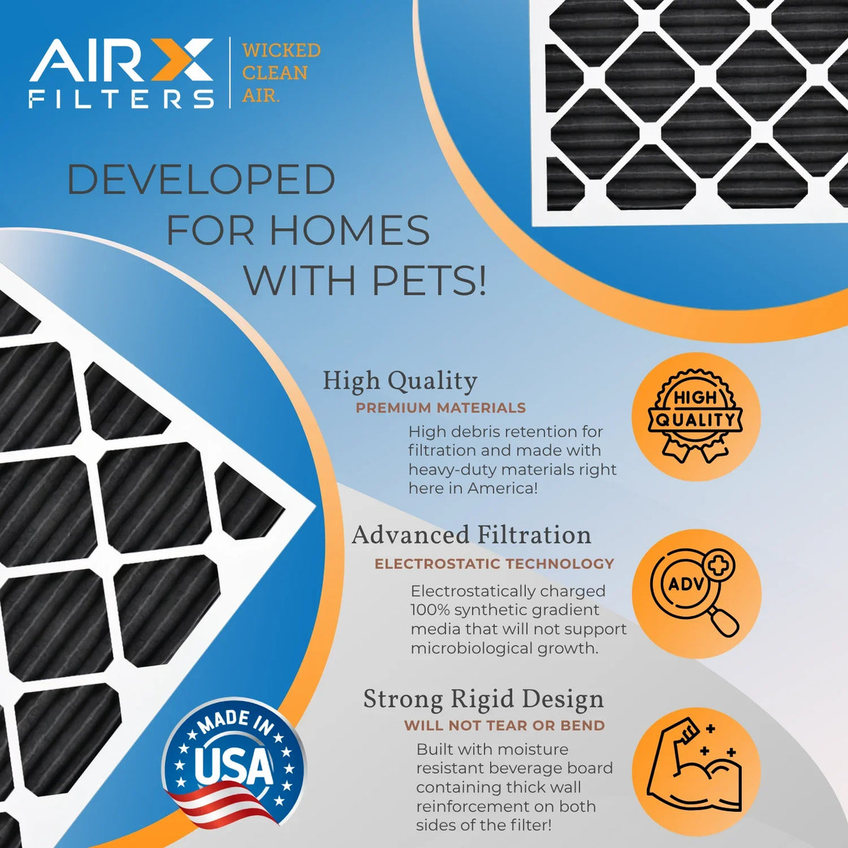 14x14x1 Air Filter MERV 8 Rating; 12 Pack of Furnace Filters Comparable to MPR 700; FPR 5; Pet Odor Retention Filters - Made in USA by AIRX FILTERS WICKED CLEAN AIR.