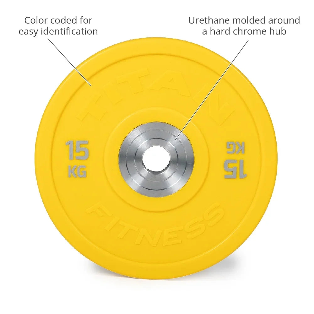 Titan Fitness 15 KG Color Urethane Bumper Plates; Sold Individually; Yellow Colored Mold with Steel Insert