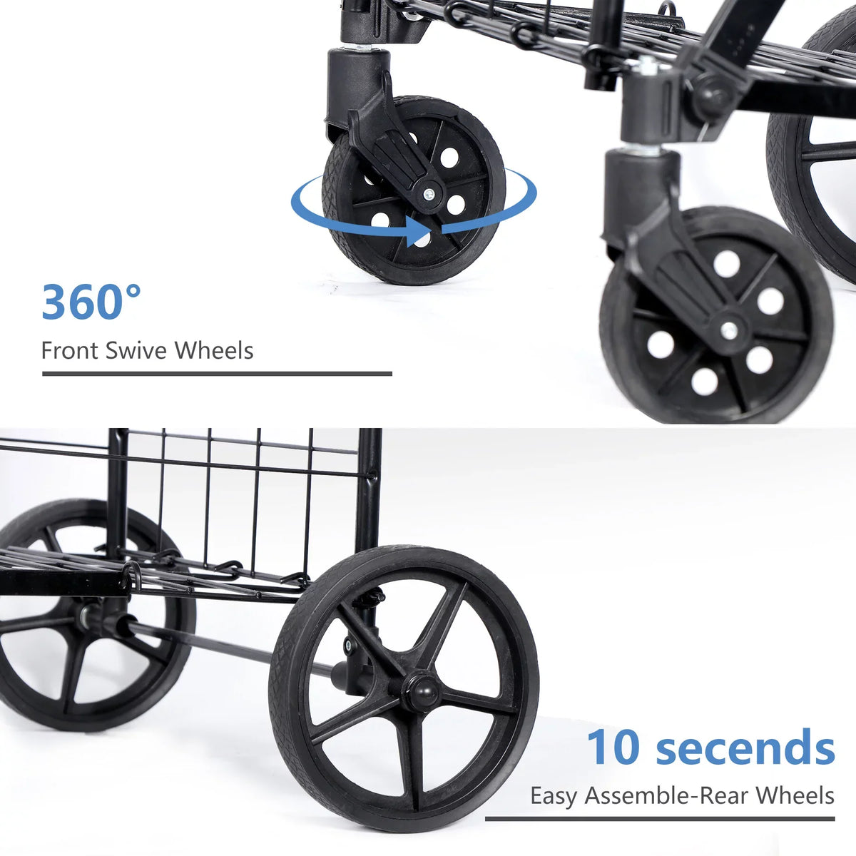 ZENY Folding Utility Shopping Cart with Double Basket and Wheels for Grocery Laundry Book Luggage Travel; Black