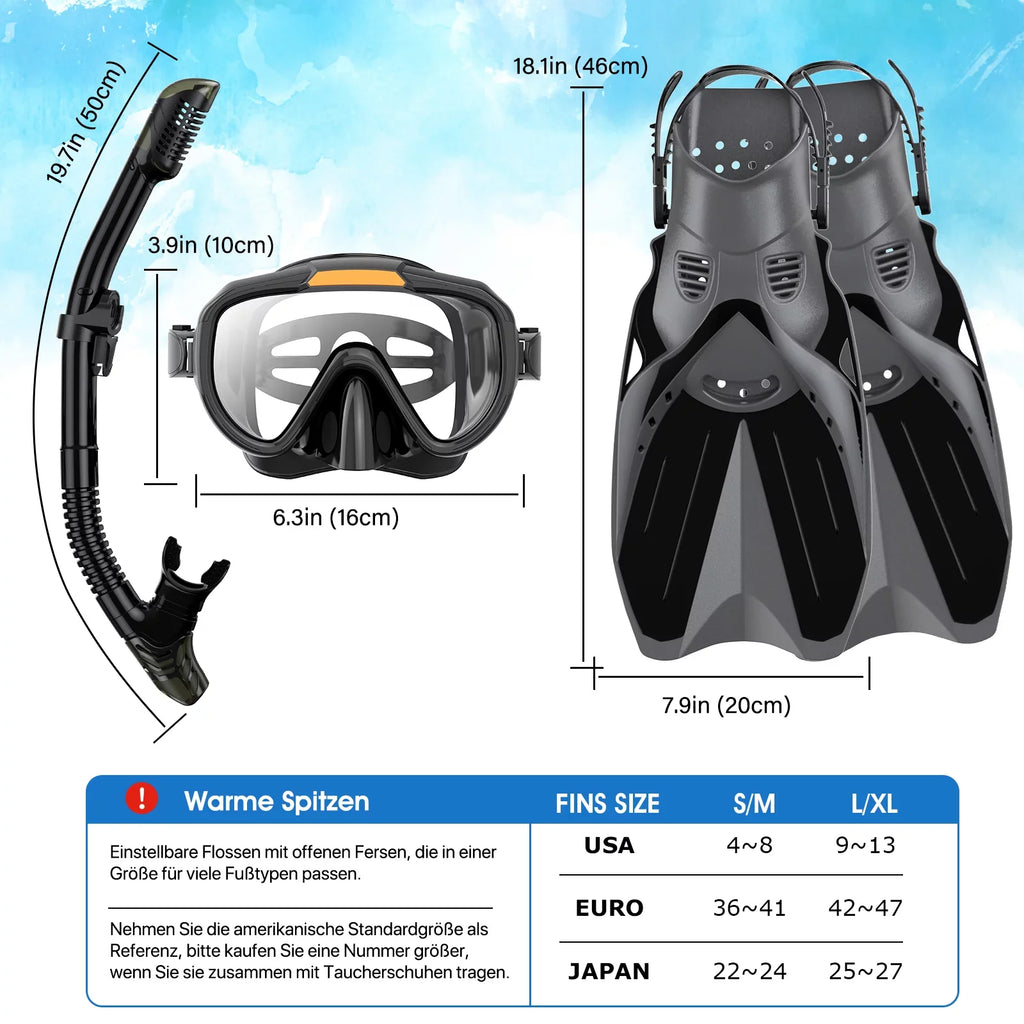 Snorkeling Gear for Adults Men Women;4 in 1 Snorkel Set with Panoramic View Diving Mask Anti-Fog Anti-Leak;Dry Top Snorkel;Fins and Travel Bag for Swimming;Snorkeling and Travel Diving