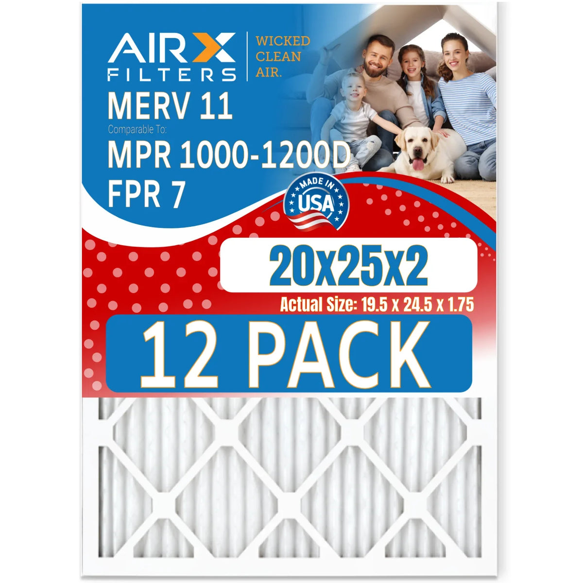 20x25x2 Air Filter MERV 11 Rating; 12 Pack of Furnace Filters Comparable to MPR 1000; MPR 1200 & FPR 7 - Made in USA by AIRX FILTERS WICKED CLEAN AIR.