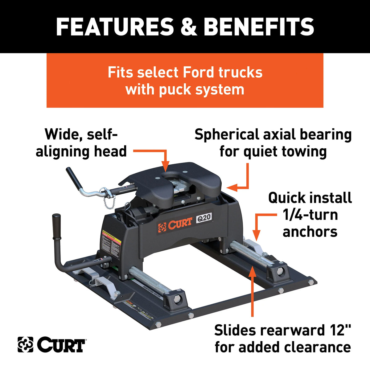 CURT 16677 Q20 5th Wheel Slider Hitch; 20;000 lbs; Select Ford F-250; F-350; F-450; 6.75-Foot Bed Puck System