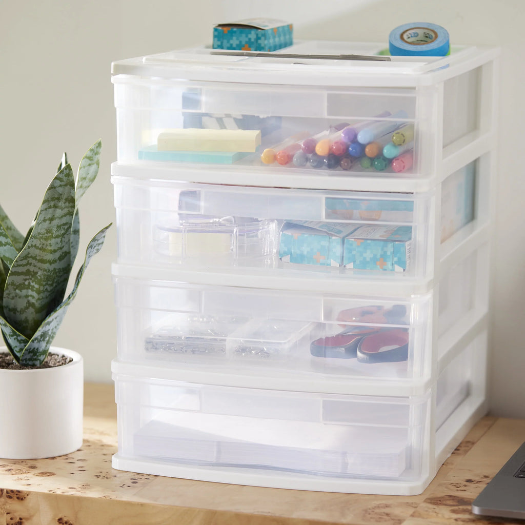 Gracious Living 4 Drawer Desktop Storage w/ Organizer Lid; White (4 Pack)