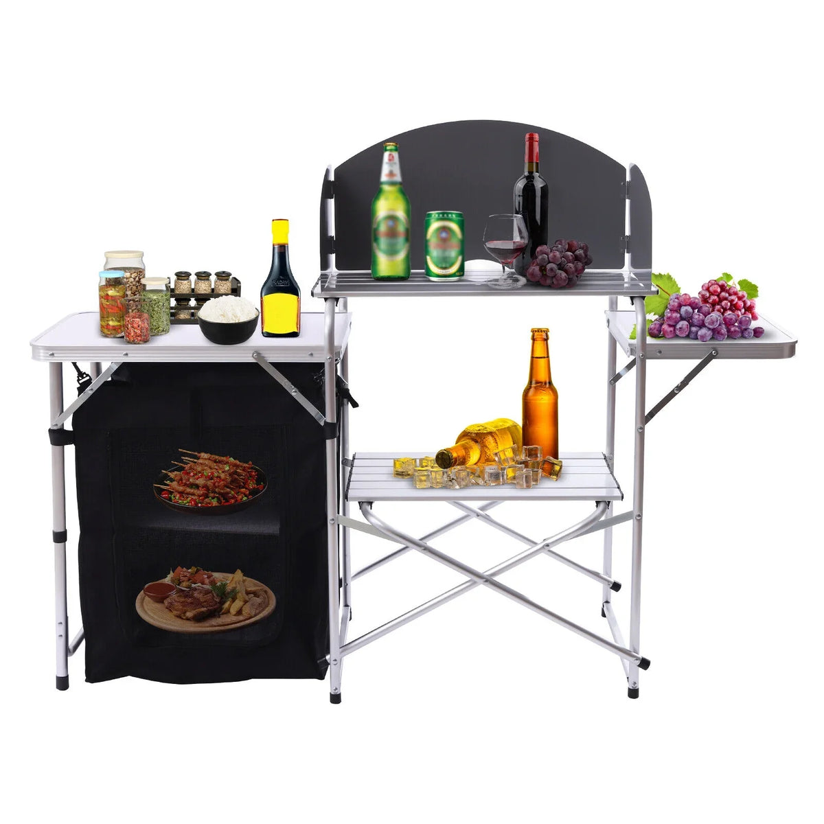 DENEST Folding Camping Kitchen Table Outdoor Cooking Table with Detachable Windscreen