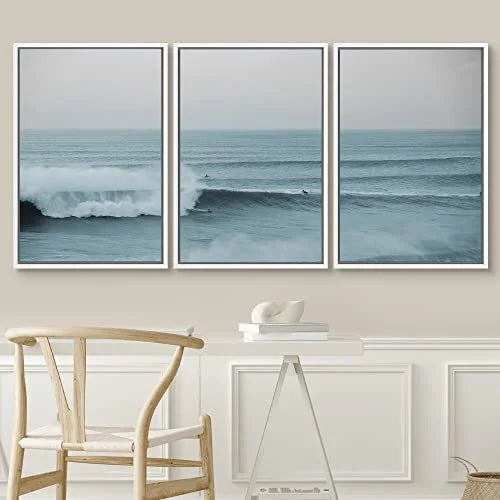 PixonSign Framed Wall Art Set Wide Angle Rushing Ocean Waves and Surfers Nature Wilderness Photography Modern Chic Scenic Modern Art for Living Room; Bedroom; Office - 24"x36"x3 White