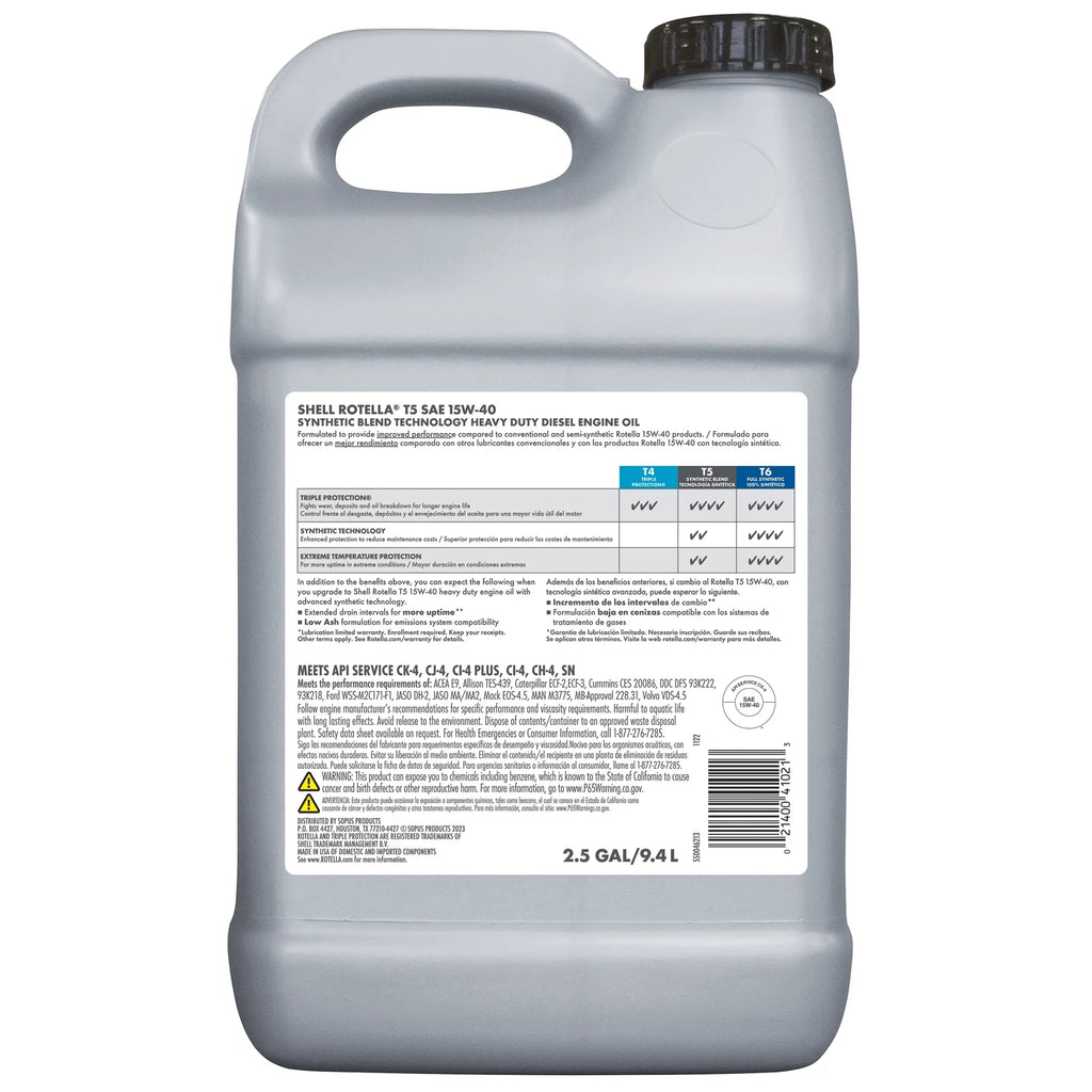 Shell Rotella T5 Synthetic Blend 15W-40 Diesel Engine Oil; 2.5 Gallon
