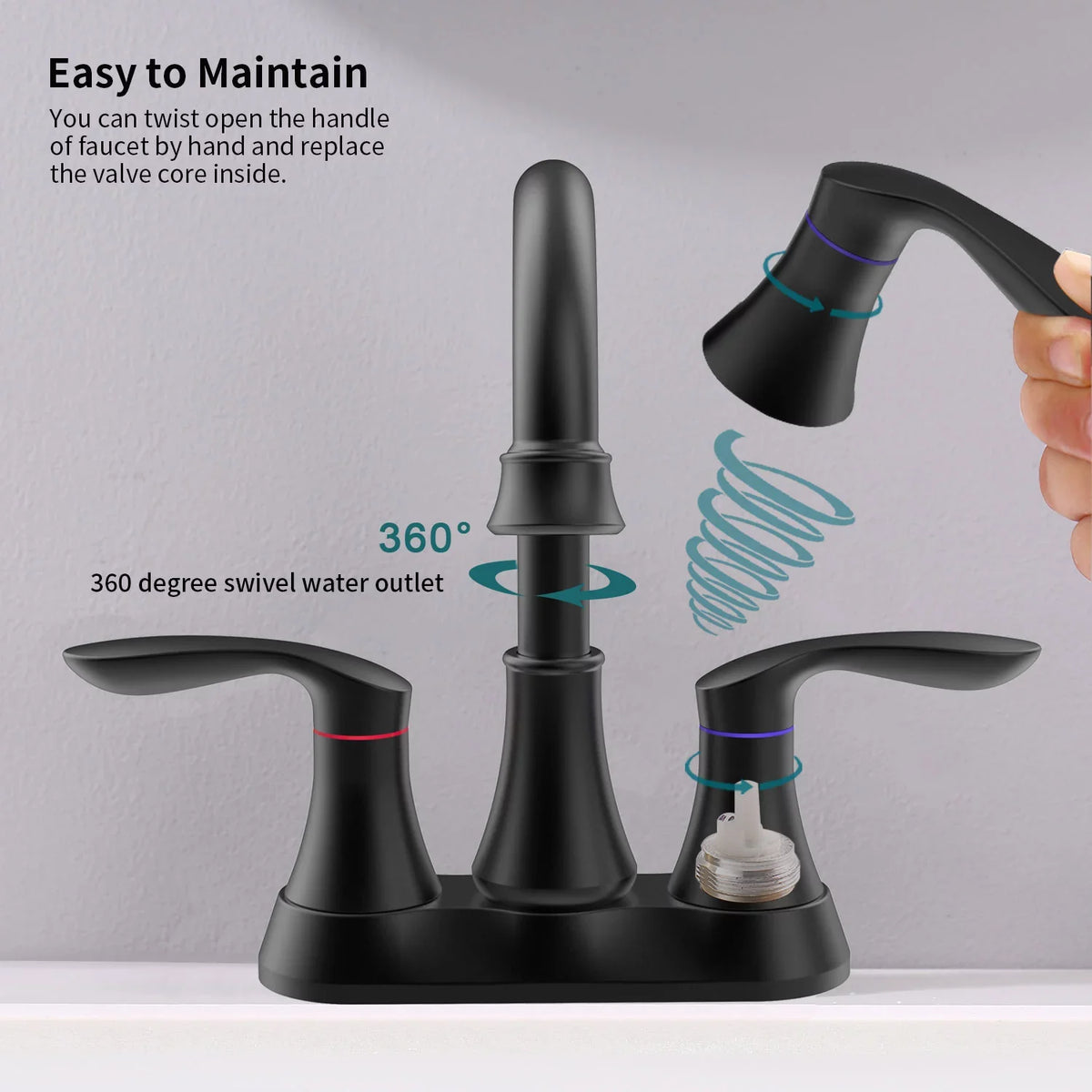 Kichae 6 millimeter Vanity Sink Faucet，2-Handle 360 Degree Swivel Bathroom Spout Centerset Faucet with Pop-up Drain & Supply Hoses，Matte Black