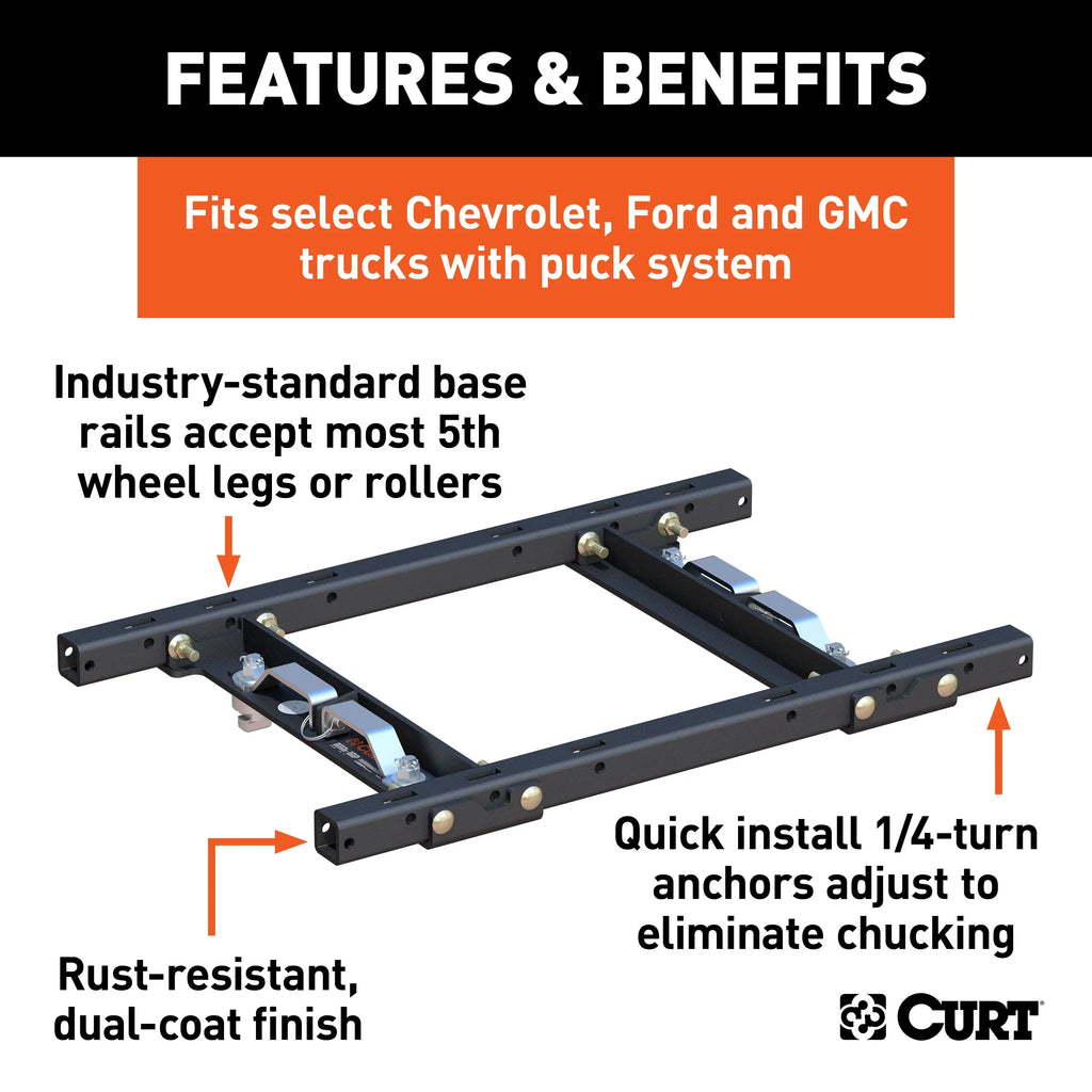 CURT 16027 Replacement Silverado; Sierra 2500; 3500; Ford F250; F350 Puck System 5th Wheel Adapter with Standard Rails; 25;000 lbs Fits select: 2020-2024 CHEVROLET SILVERADO; 2020-2024 GMC SIERRA