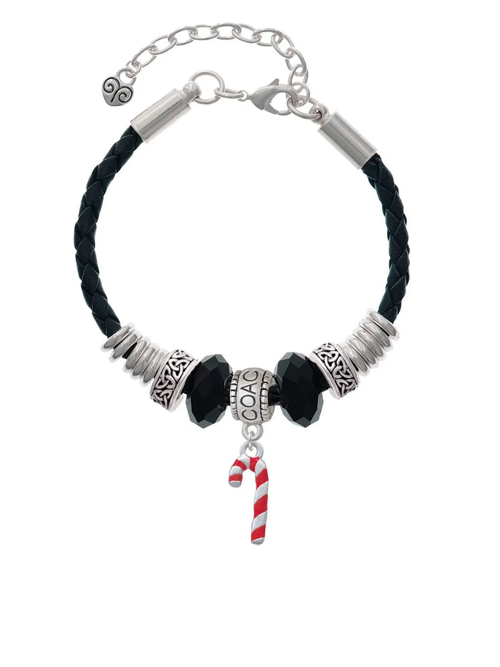 Delight Jewelry Silvertone 3-D Red Enamel Candy Cane Coach Celtic Knot Leather Bead Bracelet; 7"+2" Extender