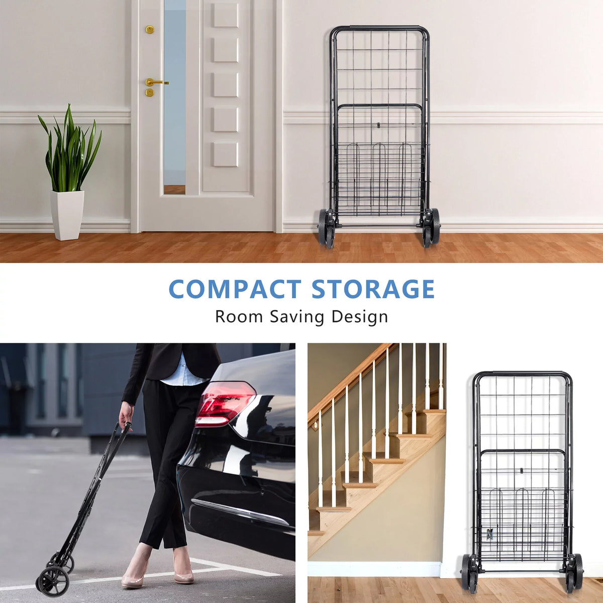 ZENY Folding Utility Shopping Cart with Double Basket and Wheels for Grocery Laundry Book Luggage Travel; Black