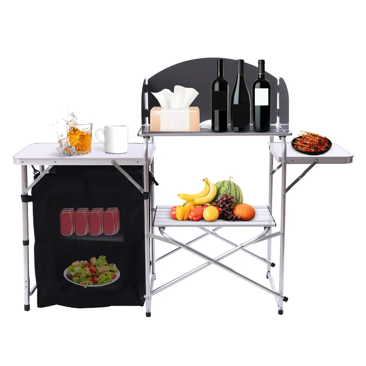 DENEST Folding Camping Kitchen Table Outdoor Cooking Table with Detachable Windscreen
