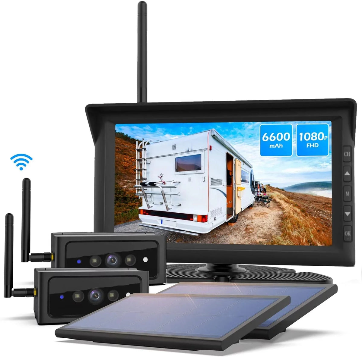 Auto-Vox Solar Wireless RV Backup Camera; 7'' Split-Screen Monitor with Dual Battery-Powered 2 PCS Trailer Rear View Camera and 2 Solar Panel; Campervans Wireless Reverse Cameras Systems