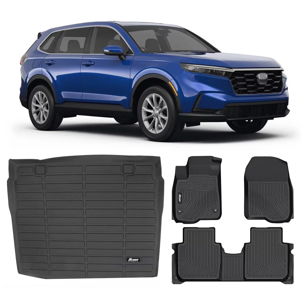 Ikon Motorsports Floor Mats & Trunk Mat Compatible With 2023 Honda CR-V; Black 3D Molded Carpets Liner 1st 2nd Row Front Rear Boot Tray Cover Protection Cargo Pad TPE All Weather Protector
