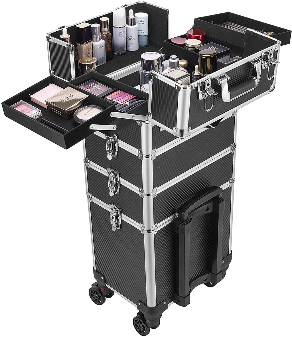 VIVOHOME 4 in 1 Makeup Rolling Train Case Aluminum Trolley Professional Cosmetic Organizer Box with Shoulder Straps 2 Keys Black(Cosmetic are not included)