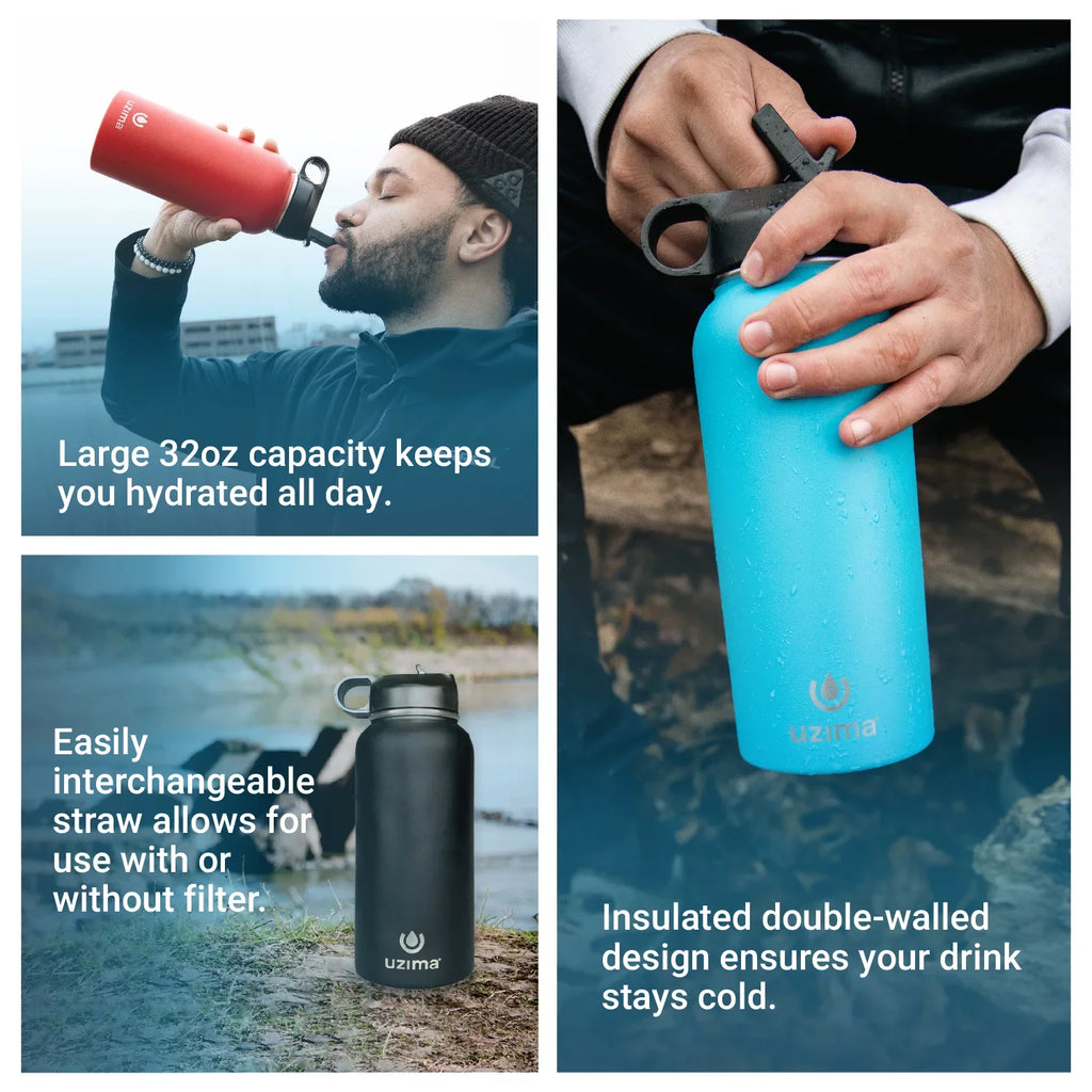 Uzima - Z-Source Filtered Bottle for Hiking; Backpacking; Camping; and Travel. Purification on the Go. Large 32oz Capacity with Double-Walled Stainless Steel Exterior .(Red)