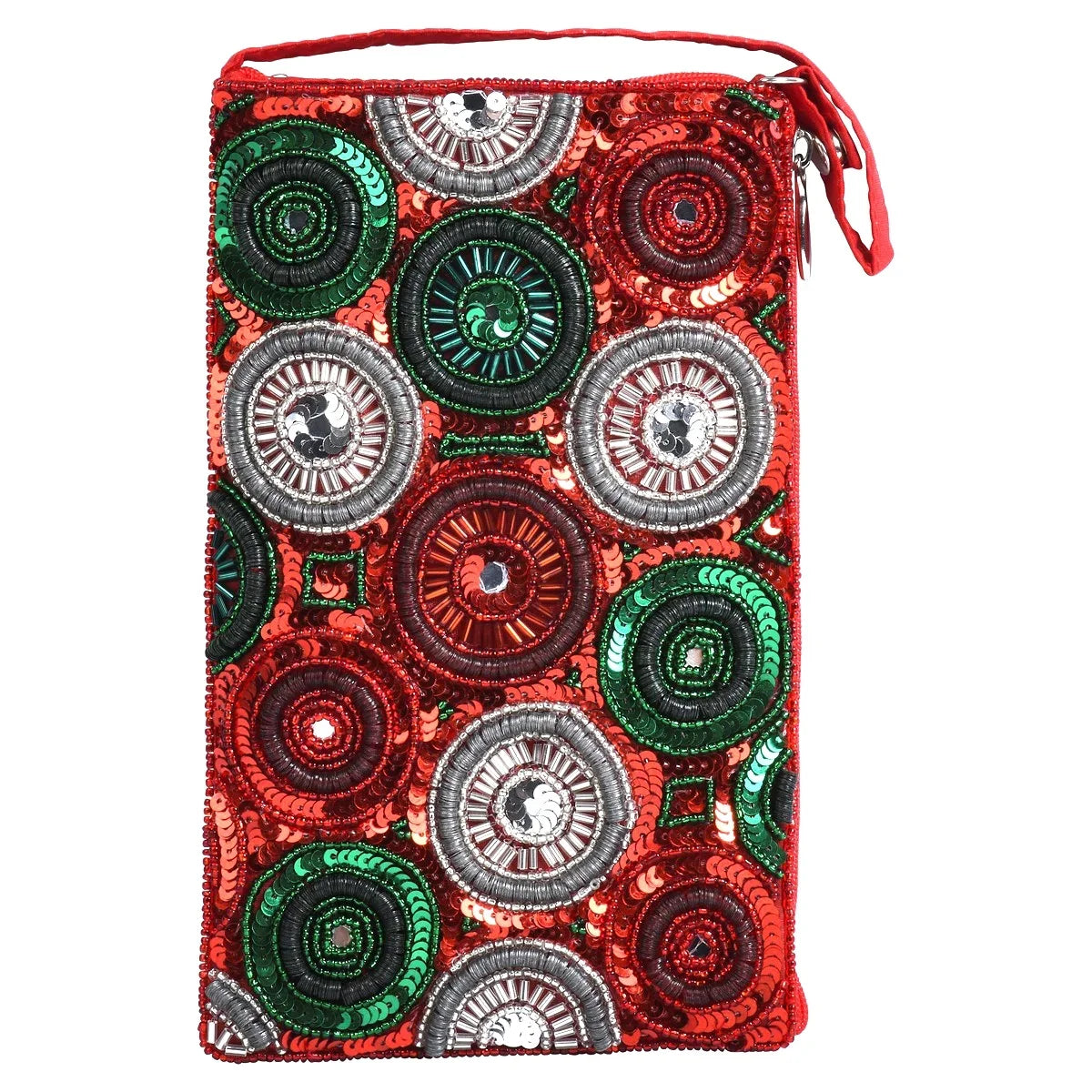 Christmas Kaleidoscope Beaded Club Bag Holiday Phone Crossbody; Red Multi