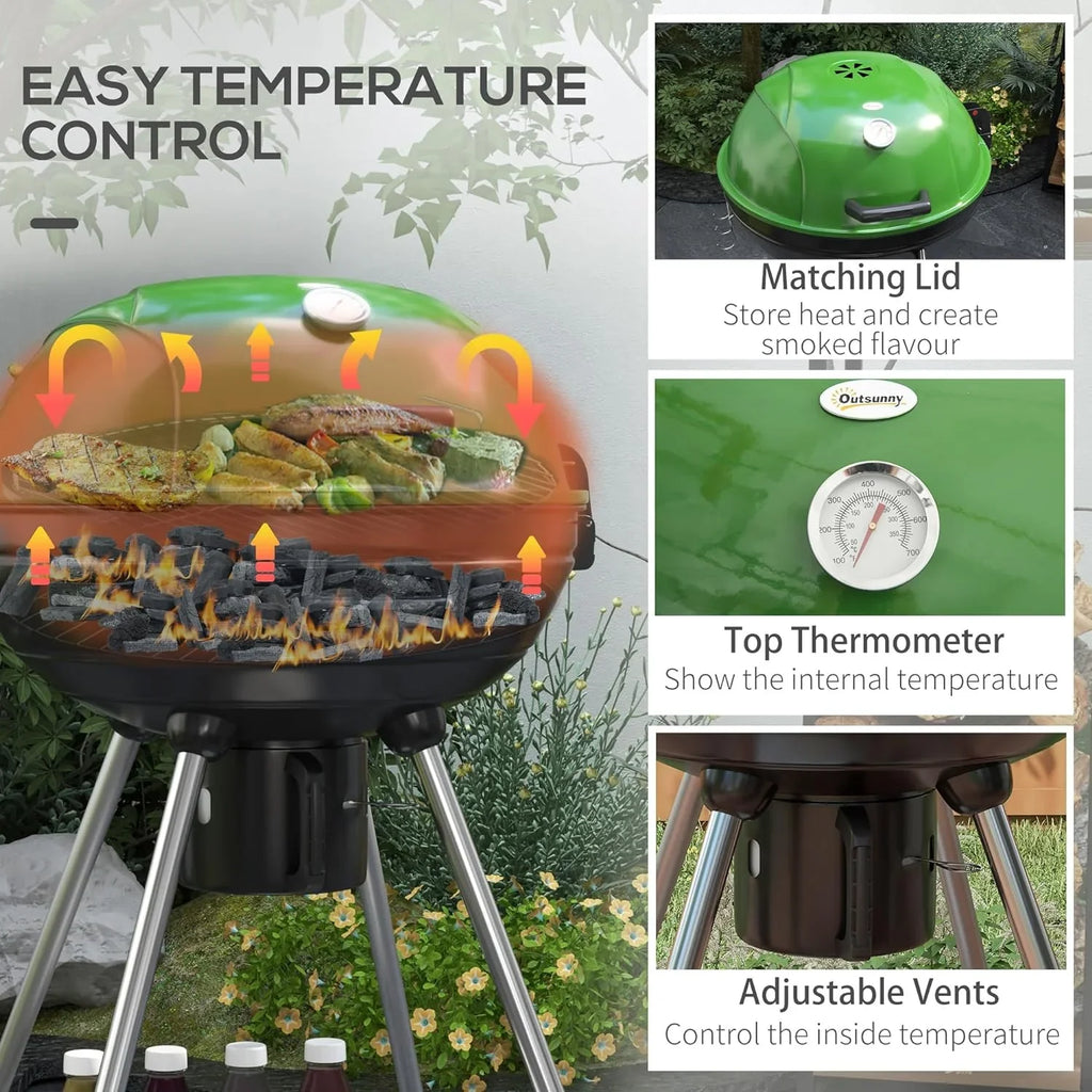 21" Kettle Charcoal BBQ Grill Trolley with 360 sq.in. Cooking Area; Outdoor Barbecue with Shelf; Wheels; Ash Catcher and Built-in Thermometer for Patio; Backyard Party; Green