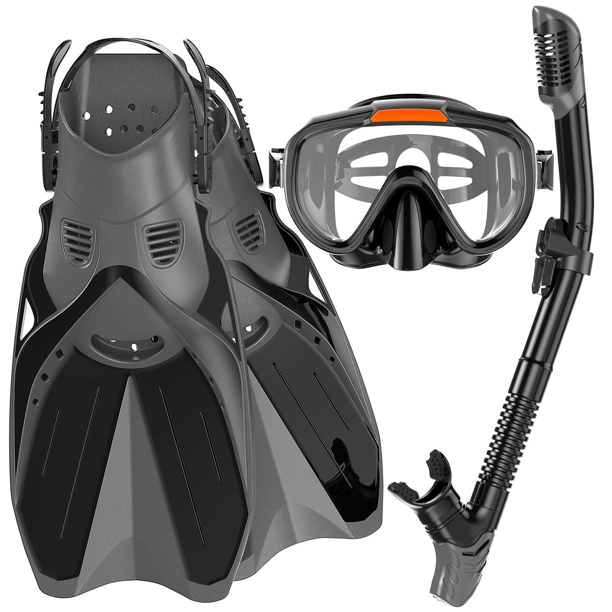Snorkeling Gear for Adults Men Women;4 in 1 Snorkel Set with Panoramic View Diving Mask Anti-Fog Anti-Leak;Dry Top Snorkel;Fins and Travel Bag for Swimming;Snorkeling and Travel Diving