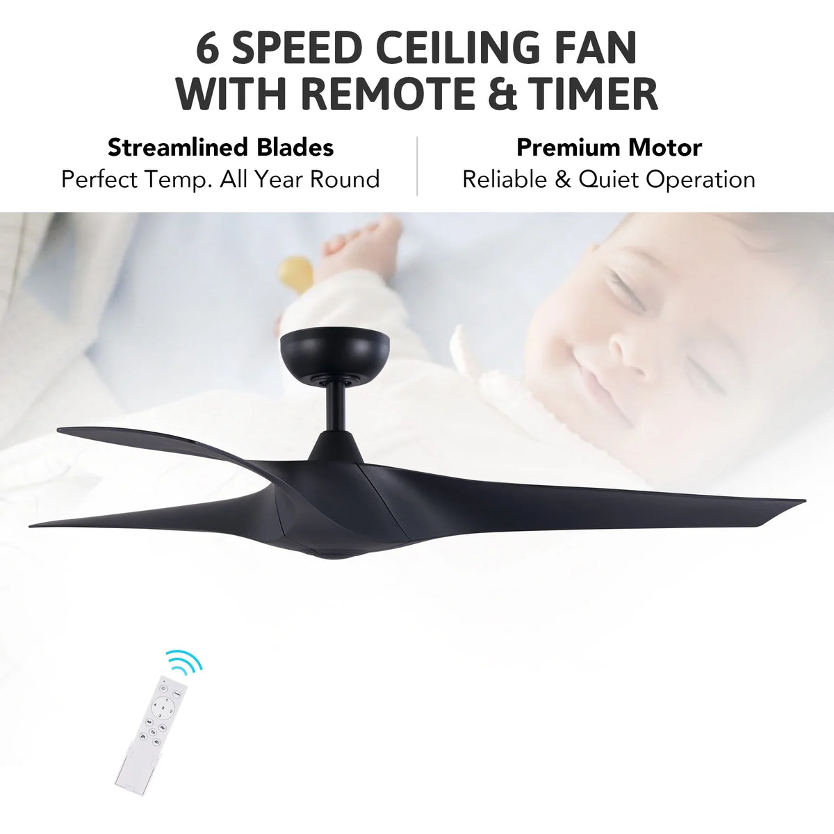 52" Smart Ceiling Fan with Remote Control; 3 Blades; 6 Speeds; Timer; Black