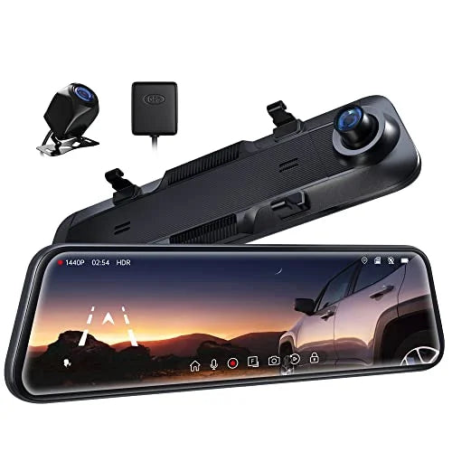Pelsee P12 2.5K Mirror Dash Cam; 12'' 1440P QHD Front and Rear View Mirror Camera; Dual Dash Cam for Cars and Trucks; Night Vision; Voice Control; Parking Assistance; Reversing Assistance
