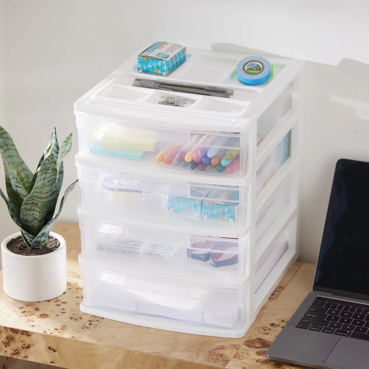 Gracious Living 4 Drawer Desktop Storage w/ Organizer Lid; White (4 Pack)