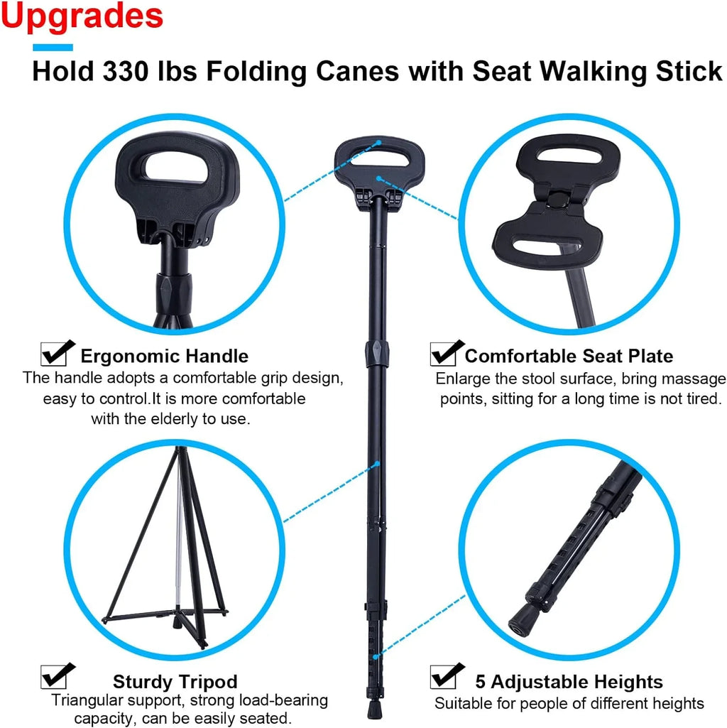 Portable Cane Seat Folding Walking Cane for Men & Women Sturdy Tripod Cane Stool Lightweight Balancing Mobility Aid Crutch Chair with Travel Bag and 2 Base Canes for Elderly; Seniors & Handicap