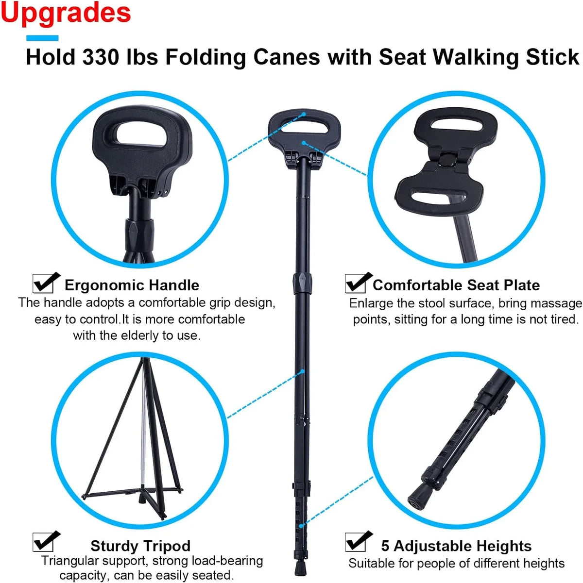 Portable Cane Seat Folding Walking Cane for Men & Women Sturdy Tripod Cane Stool Lightweight Balancing Mobility Aid Crutch Chair with Travel Bag and 2 Base Canes for Elderly; Seniors & Handicap