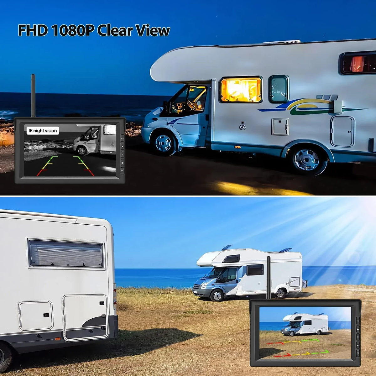 Auto-Vox Solar Wireless RV Backup Camera; 7'' Split-Screen Monitor with Dual Battery-Powered 2 PCS Trailer Rear View Camera and 2 Solar Panel; Campervans Wireless Reverse Cameras Systems