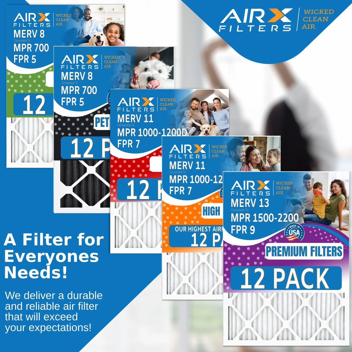 14x14x1 Air Filter MERV 8 Rating; 12 Pack of Furnace Filters Comparable to MPR 700; FPR 5; Pet Odor Retention Filters - Made in USA by AIRX FILTERS WICKED CLEAN AIR.