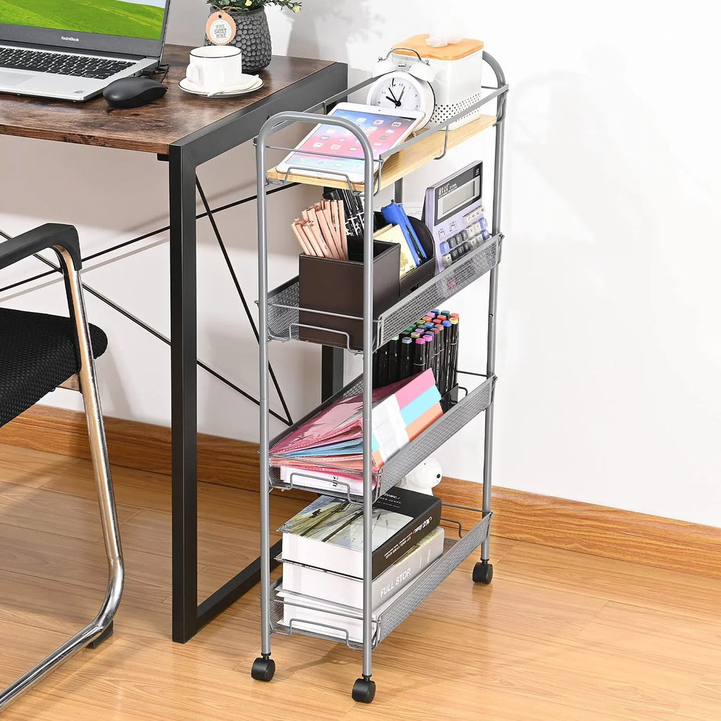 KK KINGRACK 4-Tier Rolling Cart; Mesh Storage Utility Carts with Wooden Tabletop for Kitchen Bathroom; Gray