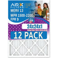 24x24x1 Air Filter MERV 13 Rating; 12 Pack of Furnace Filters Comparable to MPR 1500 - 2200 & FPR 9 - Made in USA by AIRX FILTERS WICKED CLEAN AIR.