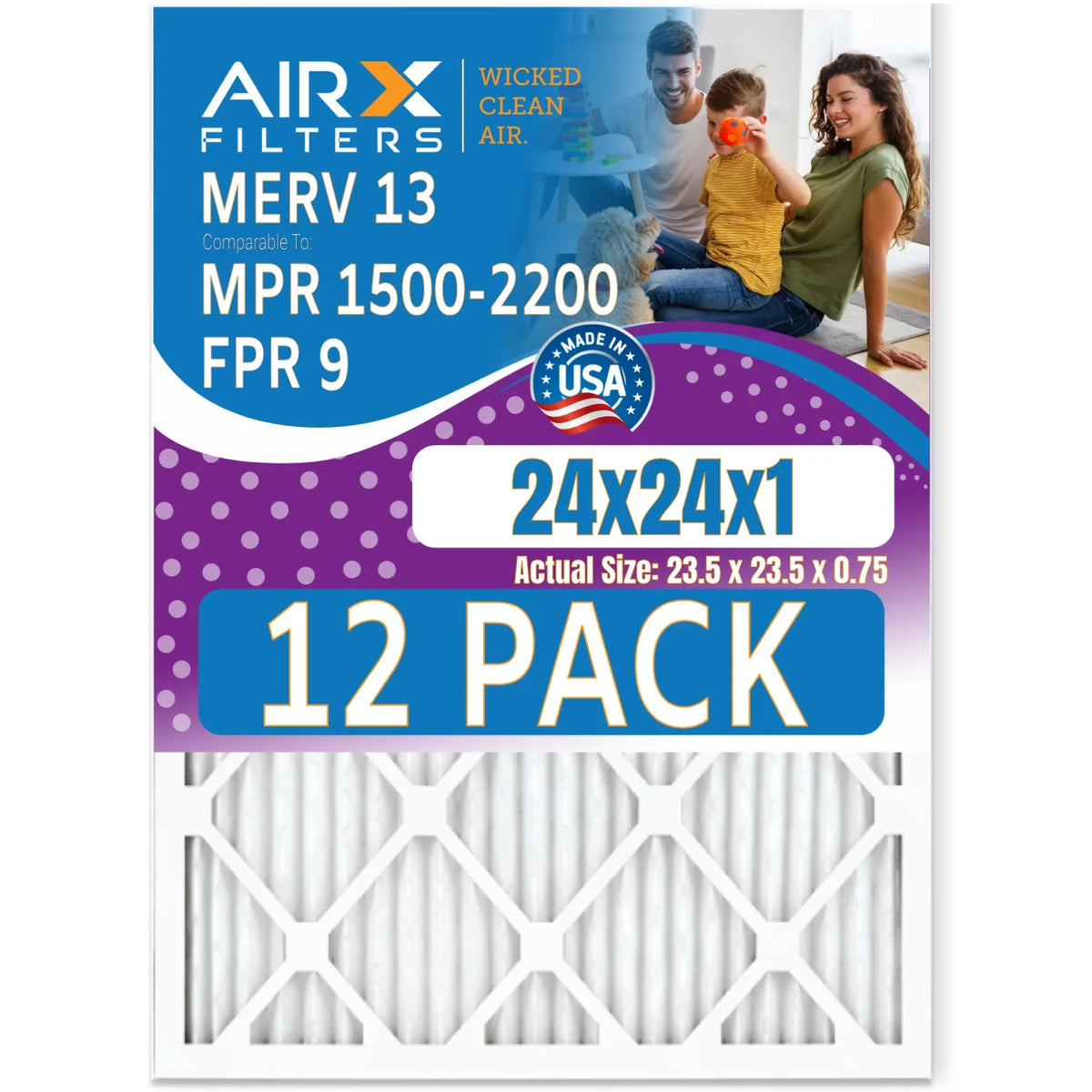 24x24x1 Air Filter MERV 13 Rating; 12 Pack of Furnace Filters Comparable to MPR 1500 - 2200 & FPR 9 - Made in USA by AIRX FILTERS WICKED CLEAN AIR.